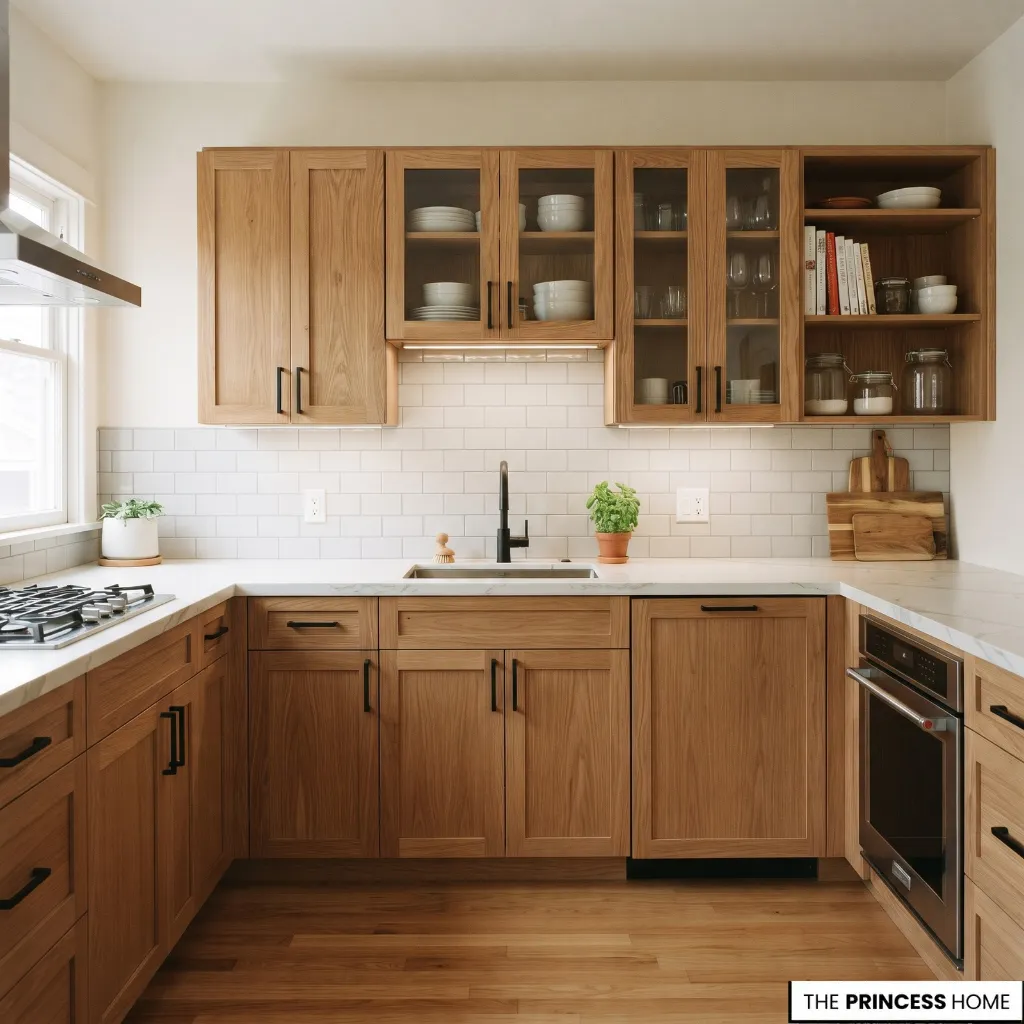 A kitchen combining wood cabinetry with a light countertop and restrained updated finishes.