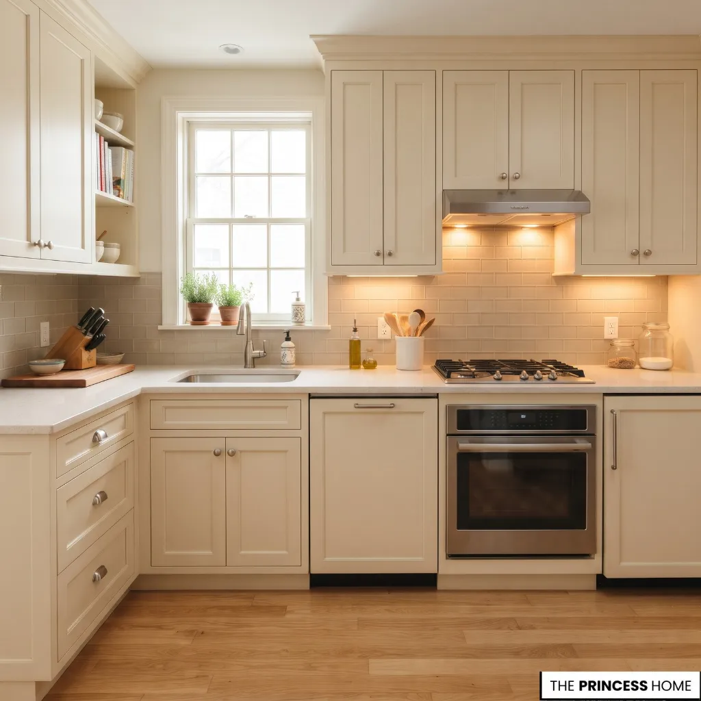 Kitchen cabinetry, integrated appliances, countertop, and task lighting arranged as a coordinated system.
