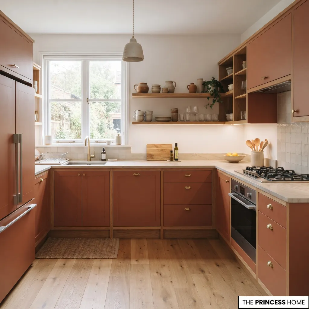An L-shaped kitchen with a sink, cooking area, refrigerator, and connected preparation surfaces.