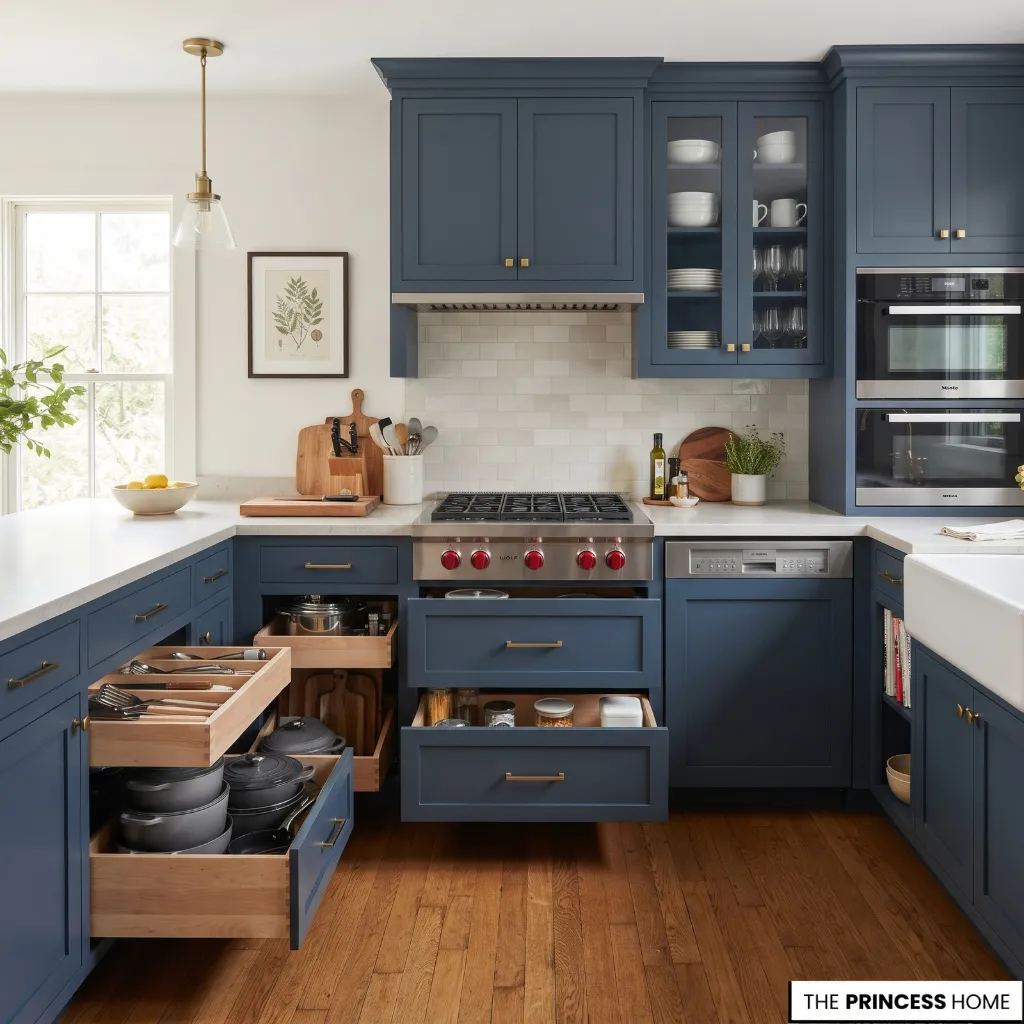 Blue kitchen cabinets with accessible drawers, pantry storage, and a clear preparation countertop.