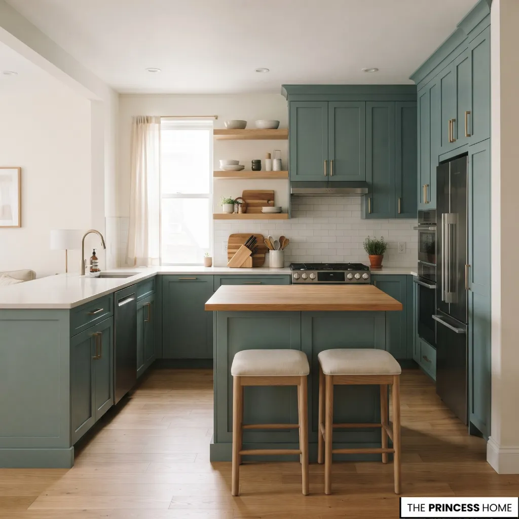 A compact kitchen with a peninsula providing countertop workspace without a freestanding island.