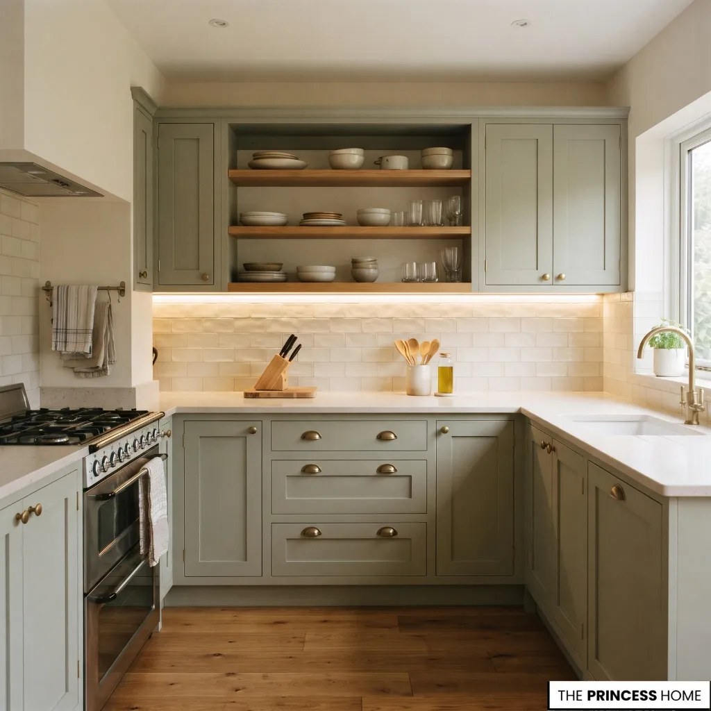A green-cabinet kitchen with an uncluttered worktop and lighting over the preparation area.