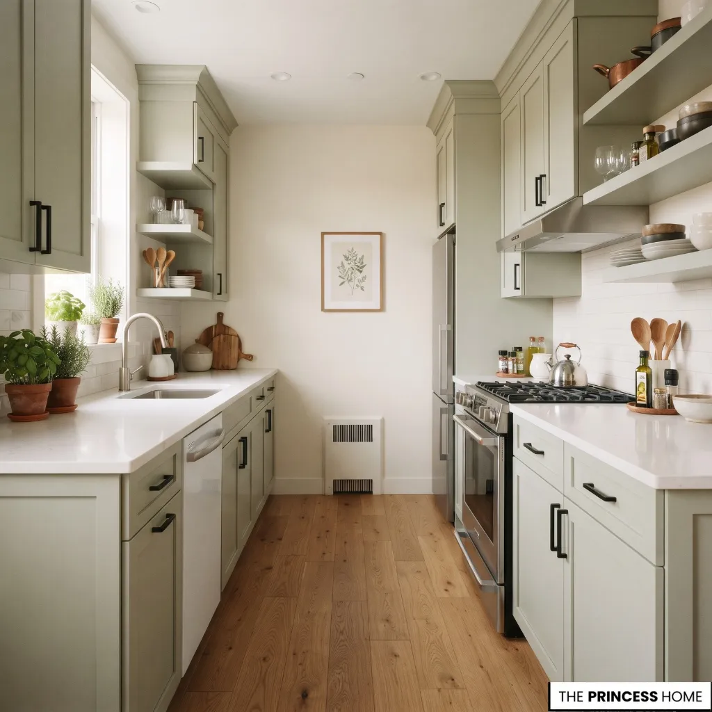 A narrow galley kitchen with opposing counters and an unobstructed central walkway.