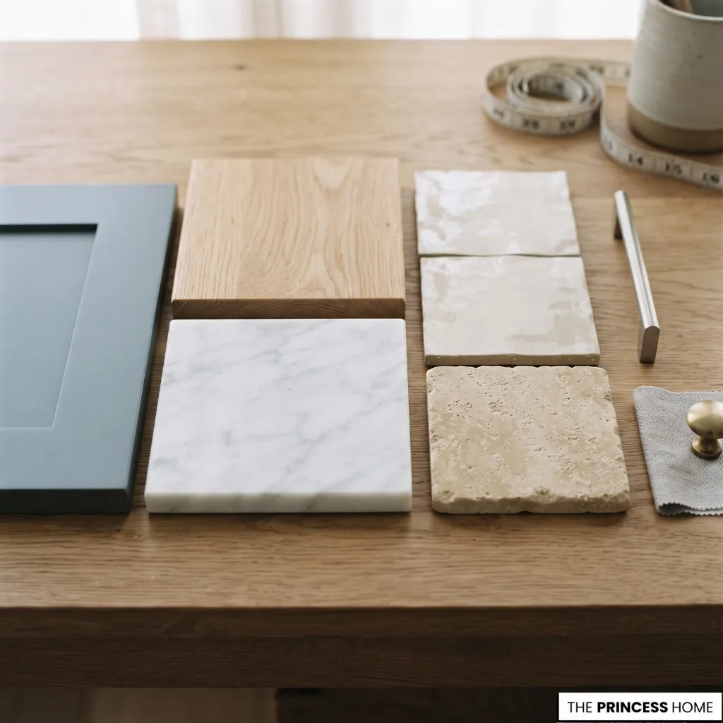 Samples of wood, stone, tile, and cabinet finishes arranged together for kitchen planning.