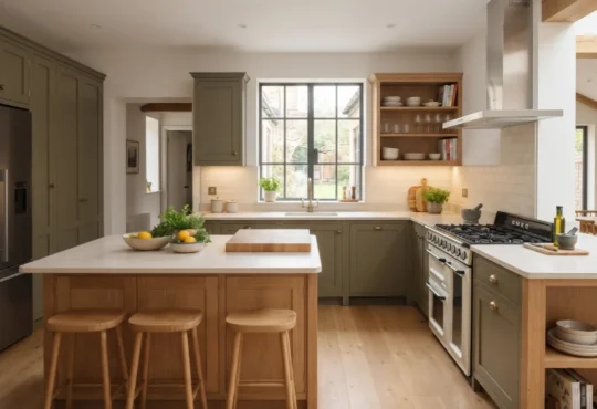 A functional kitchen with coordinated cabinetry, generous preparation surfaces, organized storage, and balanced lighting.