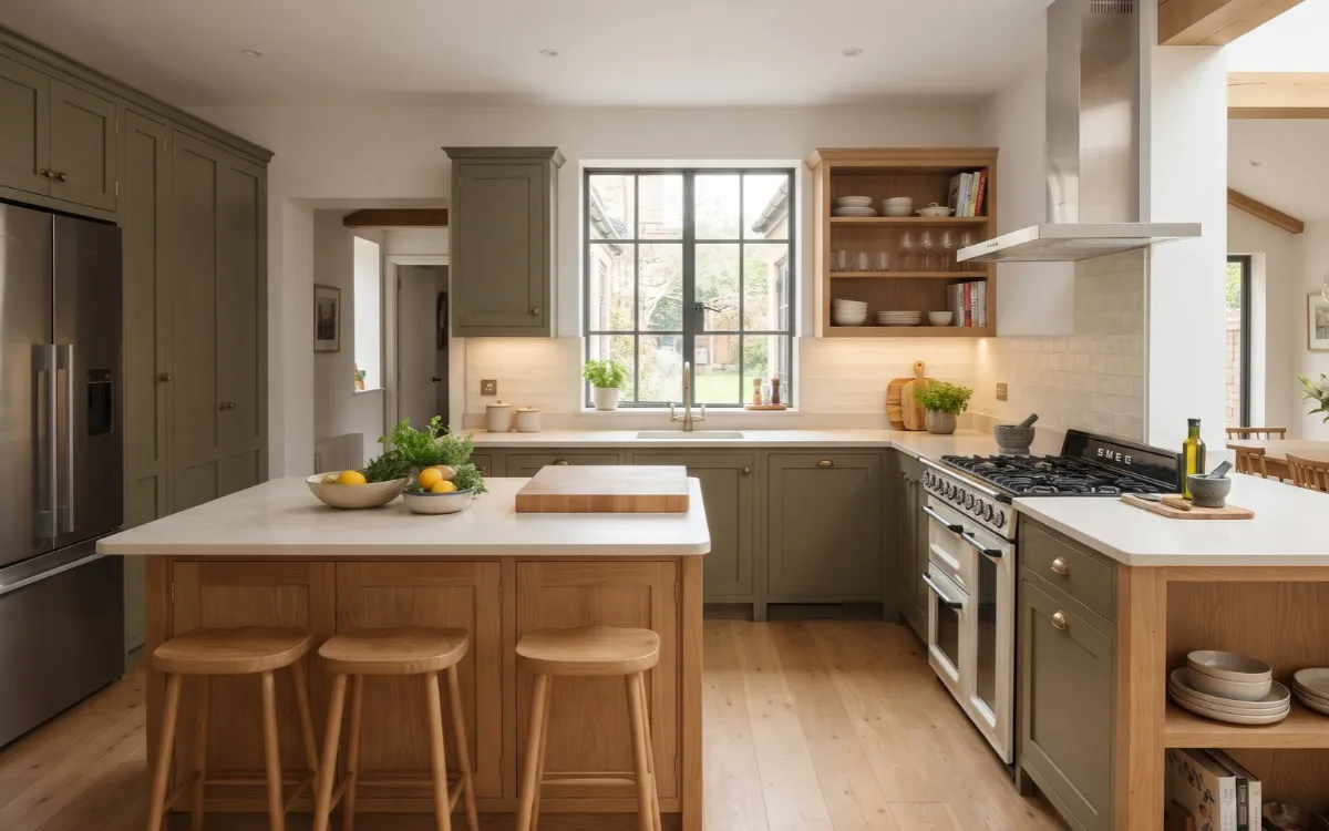 A functional kitchen with coordinated cabinetry, generous preparation surfaces, organized storage, and balanced lighting.