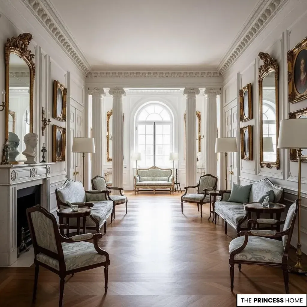 An elegant, brightly lit hallway furnished with a symmetrical arrangement of matching light-blue sofas and chairs,