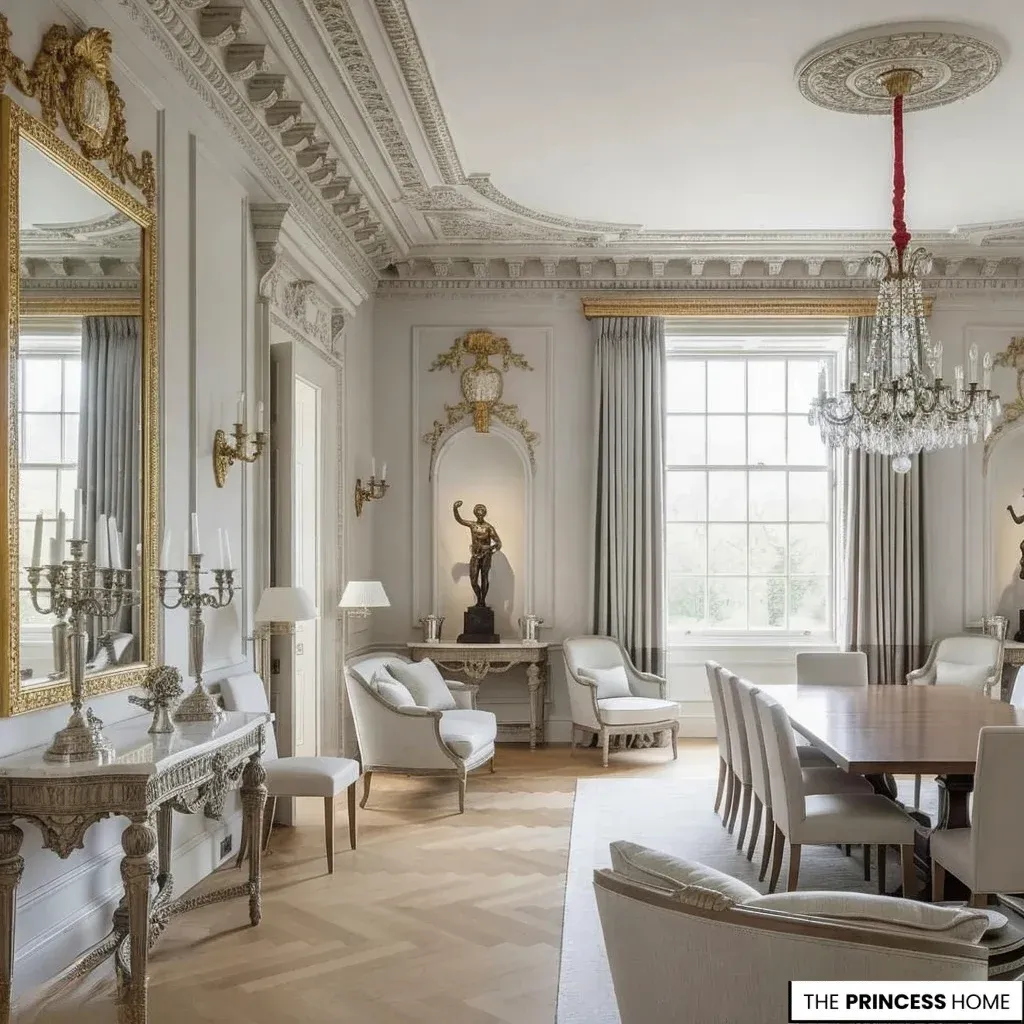 An elegant neoclassical dining room featuring a long wooden table, refined upholstered chairs,