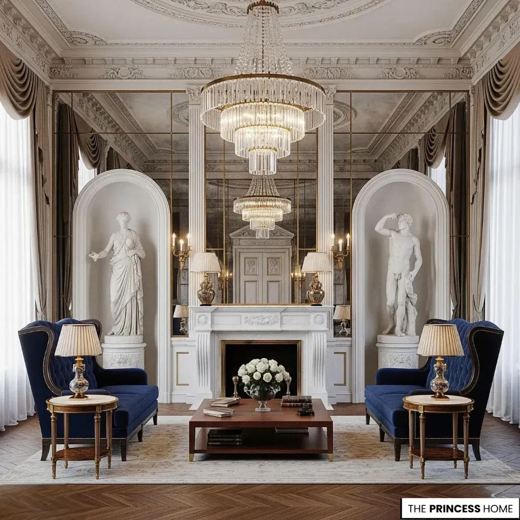A symmetrical neoclassical formal living room featuring a central white fireplace flanked by classical statues in arched alcoves