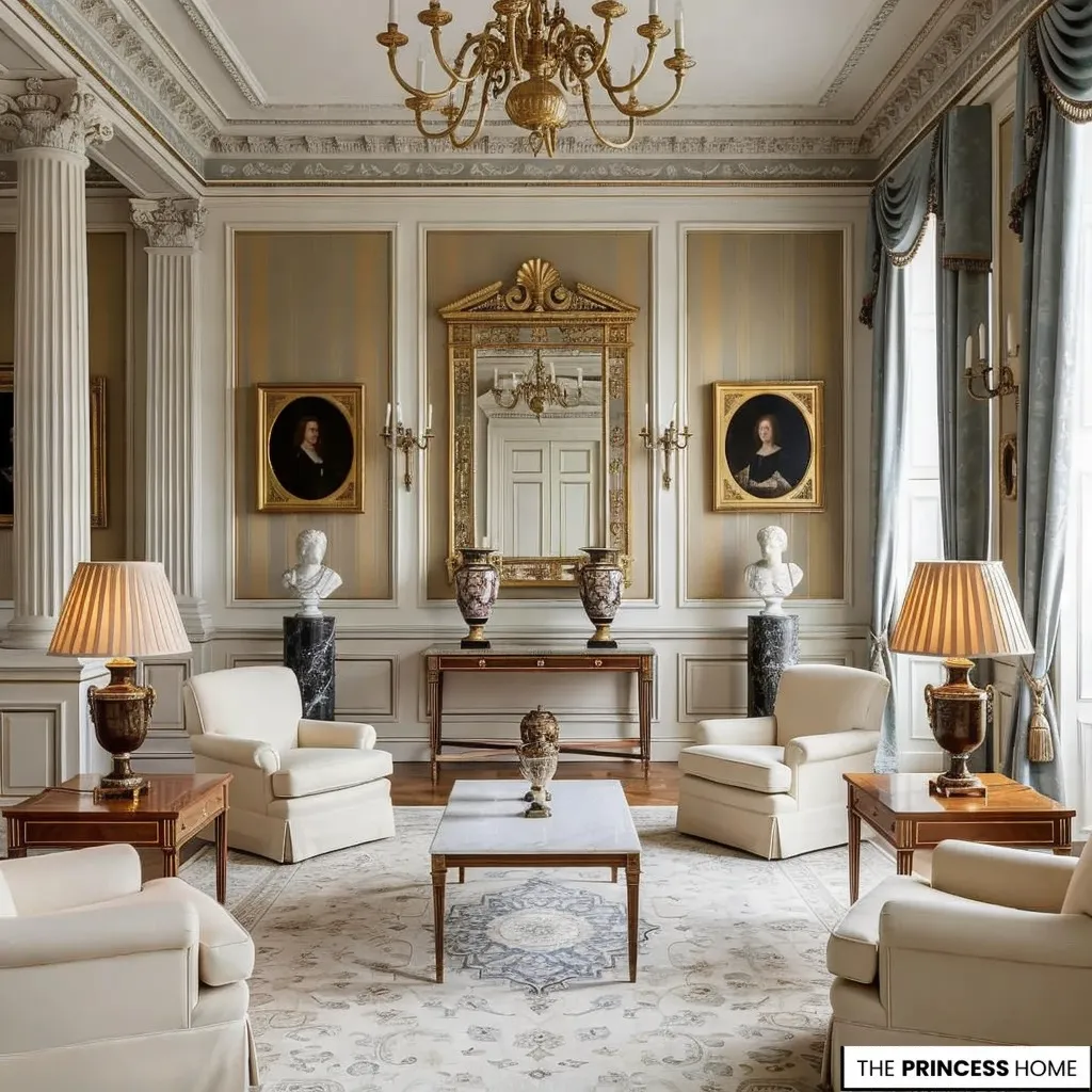 A symmetrical neoclassical formal salon featuring cream armchairs, warm wood side tables with lamps