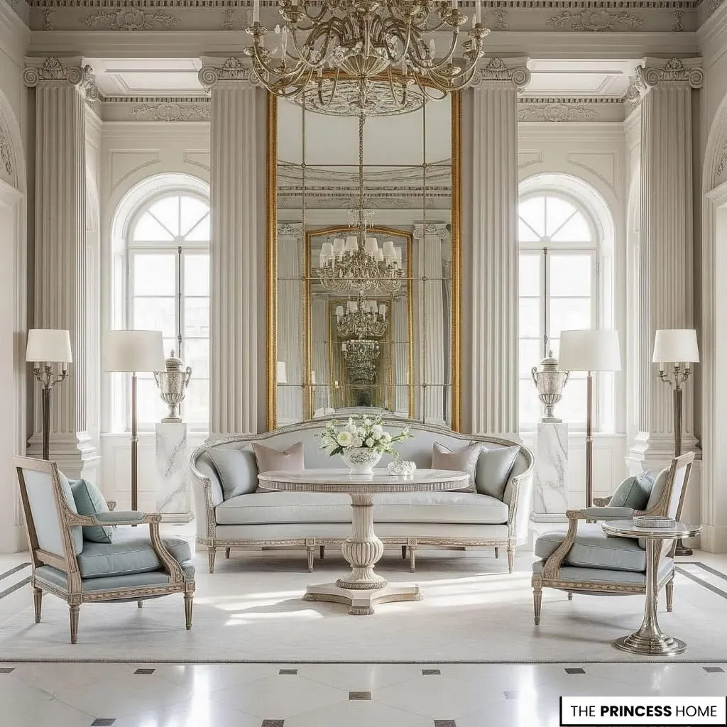 A grand neoclassical salon featuring towering fluted columns, a large central mirror reflecting a crystal chandelier