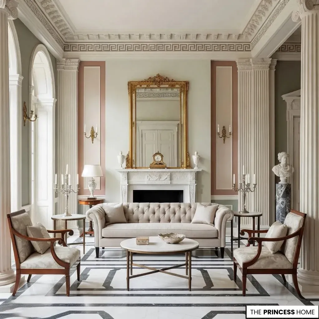 A luxurious neoclassical living room featuring grand white columns, a symmetrical tufted sofa
