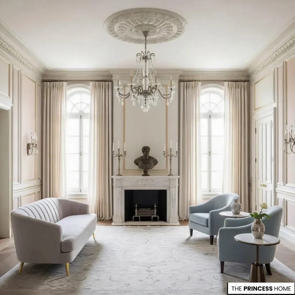 An elegant neoclassical living room featuring a classical white fireplace flanked by tall windows