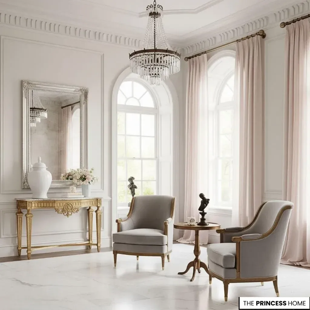 A bright neoclassical sitting area featuring a gold console table with a large mirror, gray armchairs