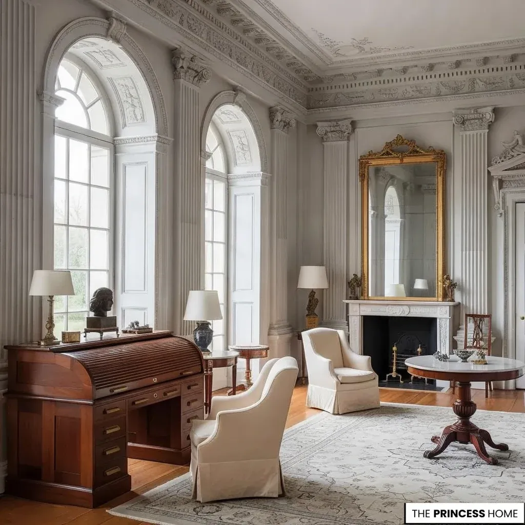 A bright neoclassical study room featuring tall arched windows, a rich wooden rolltop desk