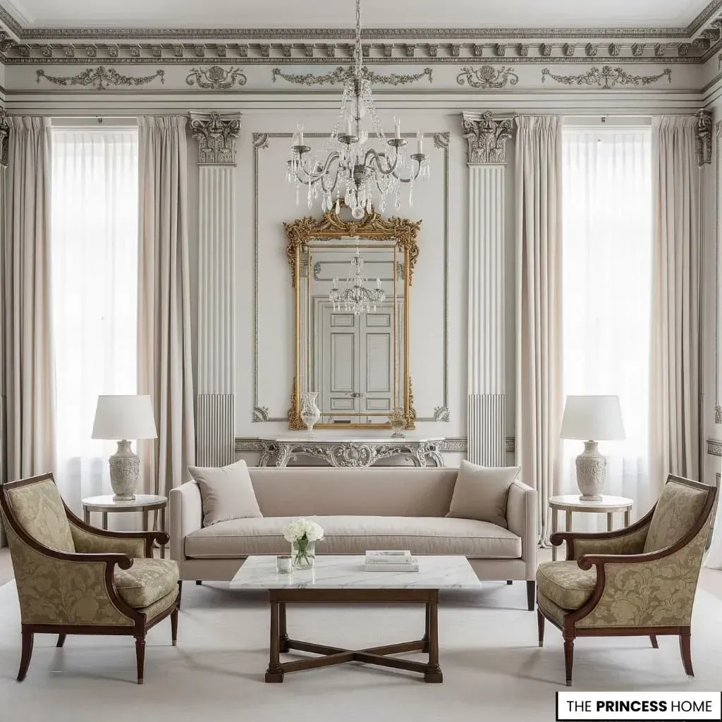A symmetrical neoclassical living room featuring a central beige sofa, a marble-top coffee table