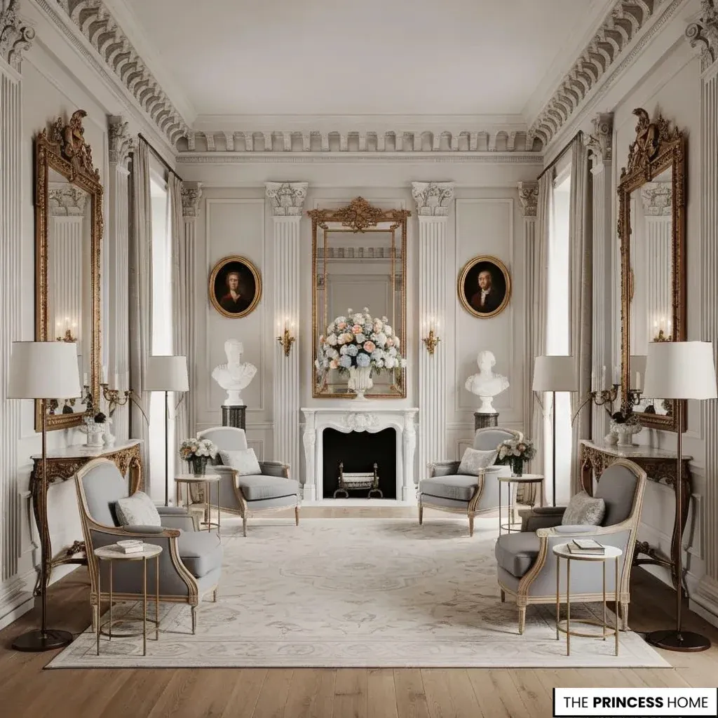 A grand, perfectly symmetrical neoclassical living room featuring a central marble fireplace