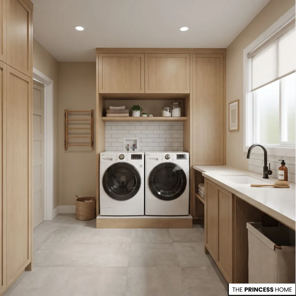 Laundry room with accessible appliance connections, clear service areas, and easy-to-clean surfaces