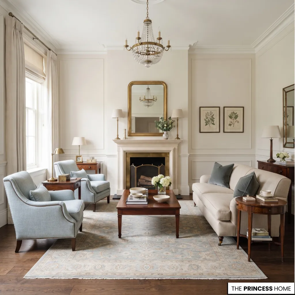 Balanced classic living room with appropriately scaled furniture and restrained decoration.