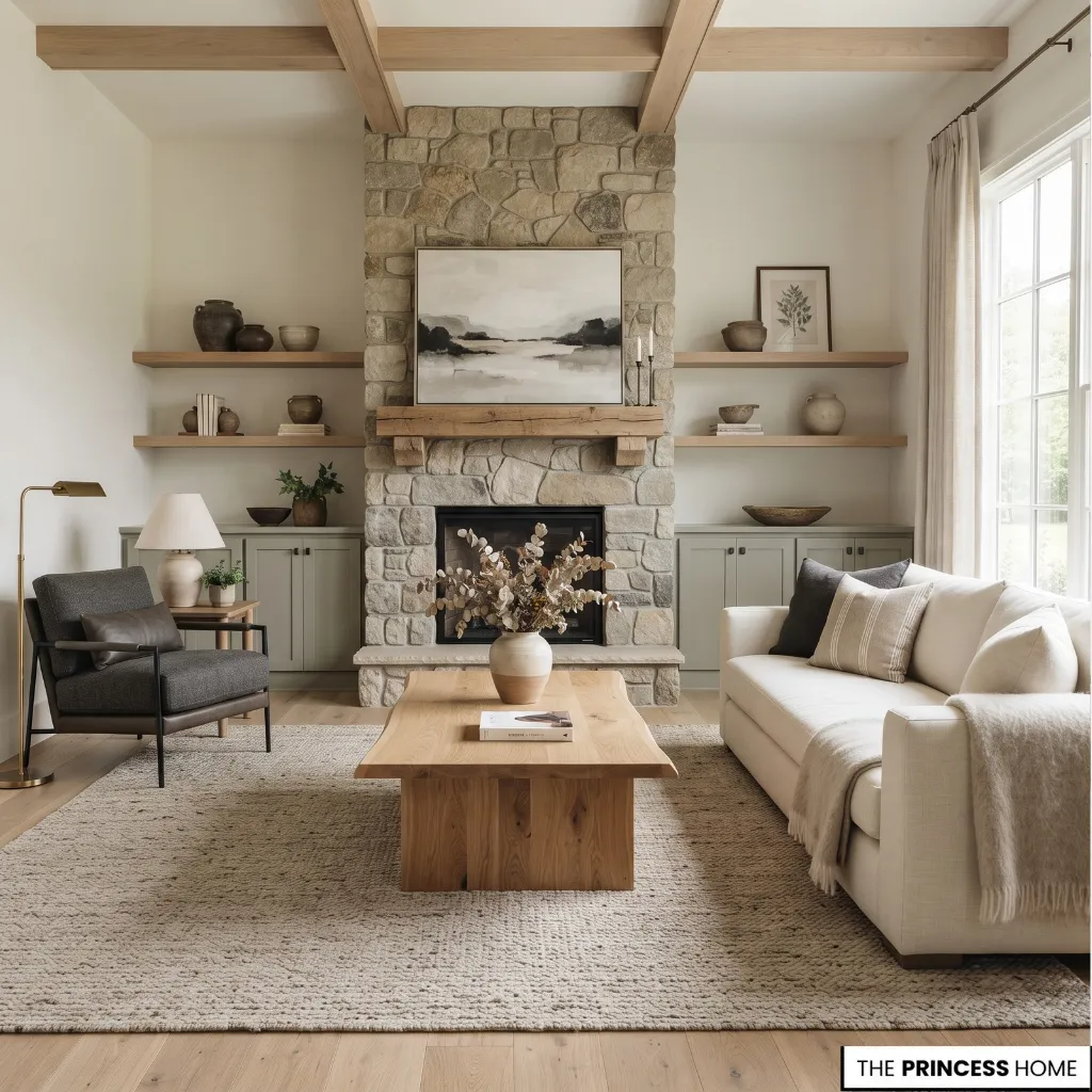 Balanced farmhouse living room with cream seating, natural wood furniture, subtle textures, and restrained decor.