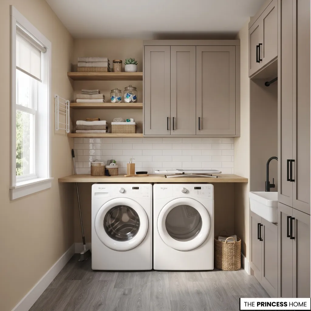 Functional laundry room combining practical cabinetry, open shelving, durable surfaces, and simple finishes