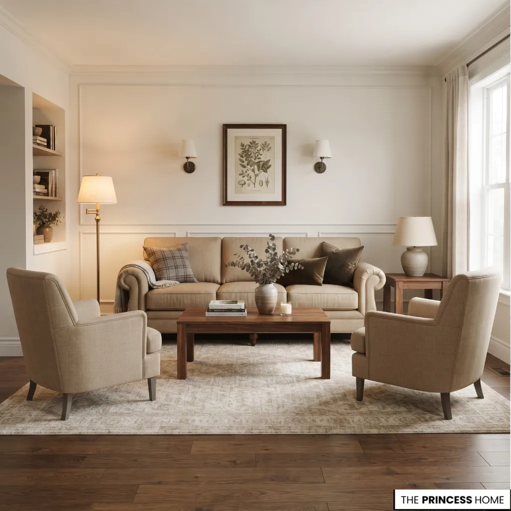 Classic living room with a sofa, upholstered armchairs, wooden coffee table, and area rug.