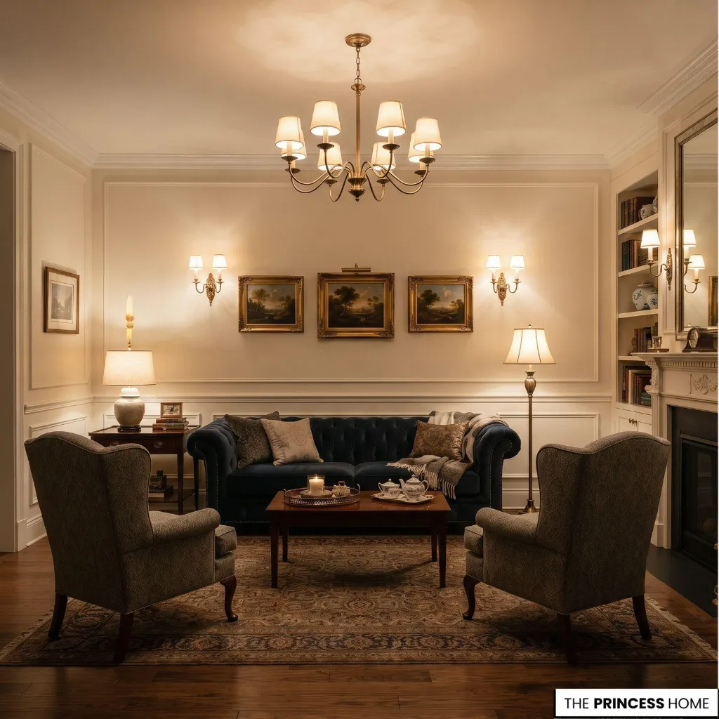 Classic living room with a chandelier, table lamps, and wall sconces providing layered light.