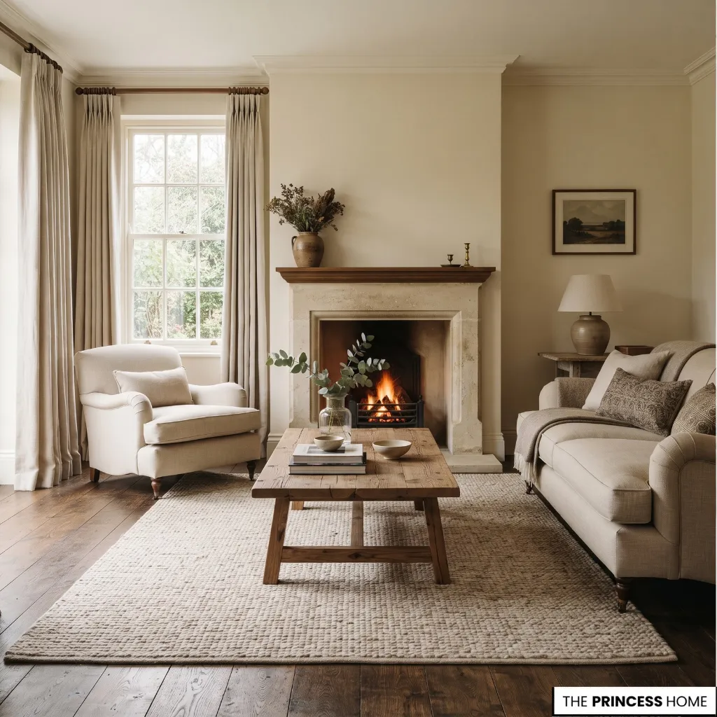 Classic living room combining wooden furniture, a textured rug, upholstered seating, and stone details.