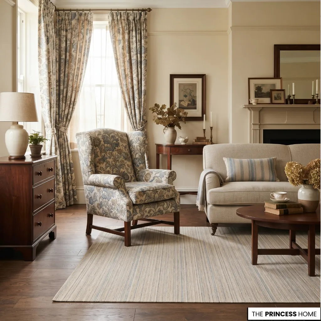 Classic sitting room with floral curtains, patterned upholstery, and a coordinating striped rug.