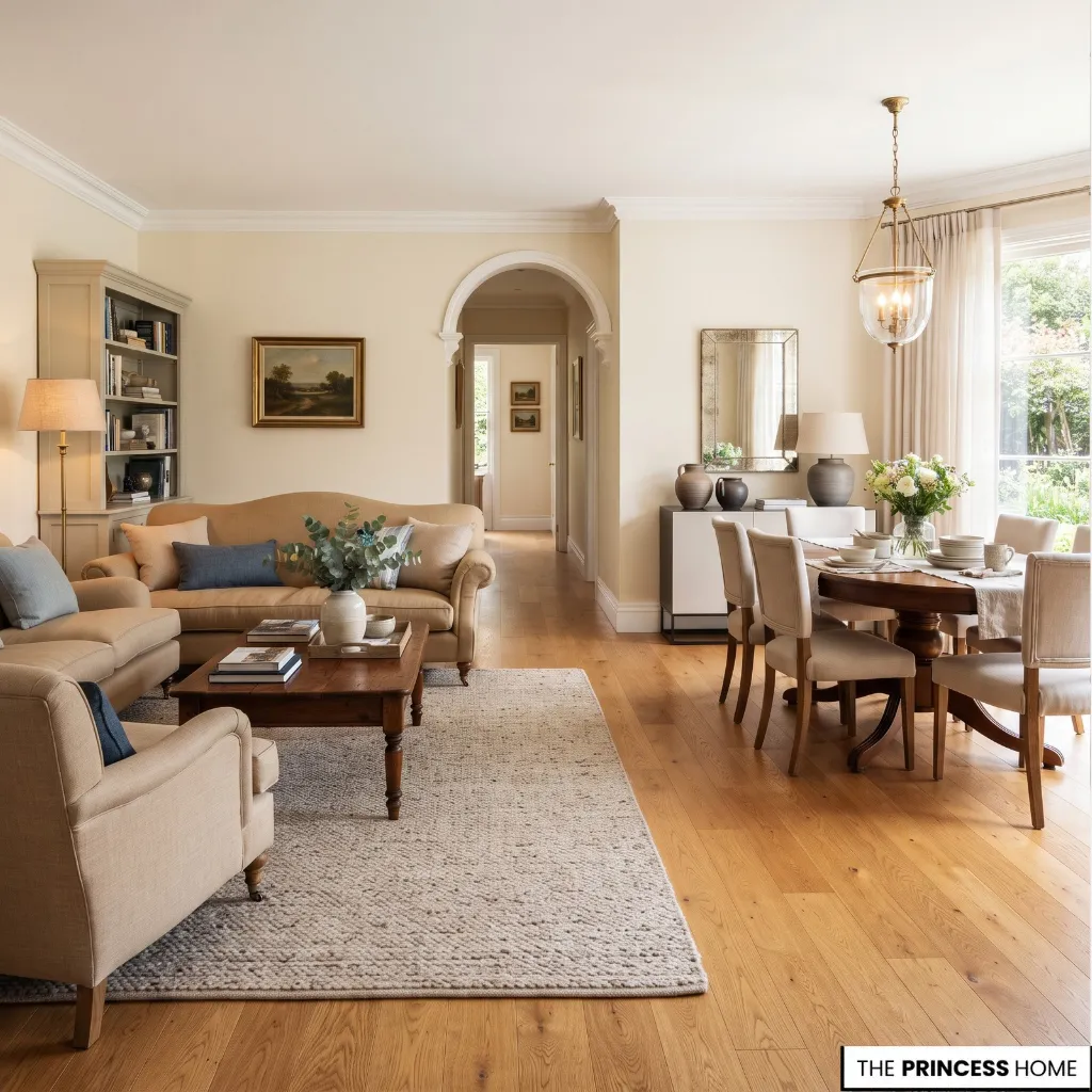 Classic interior with traditional furniture, warm neutral finishes, and coordinated decorative details.