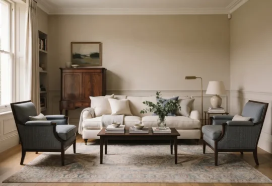 Classic living room with balanced seating, traditional wood furniture, and warm neutral finishes.
