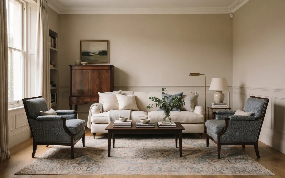 Classic living room with balanced seating, traditional wood furniture, and warm neutral finishes.