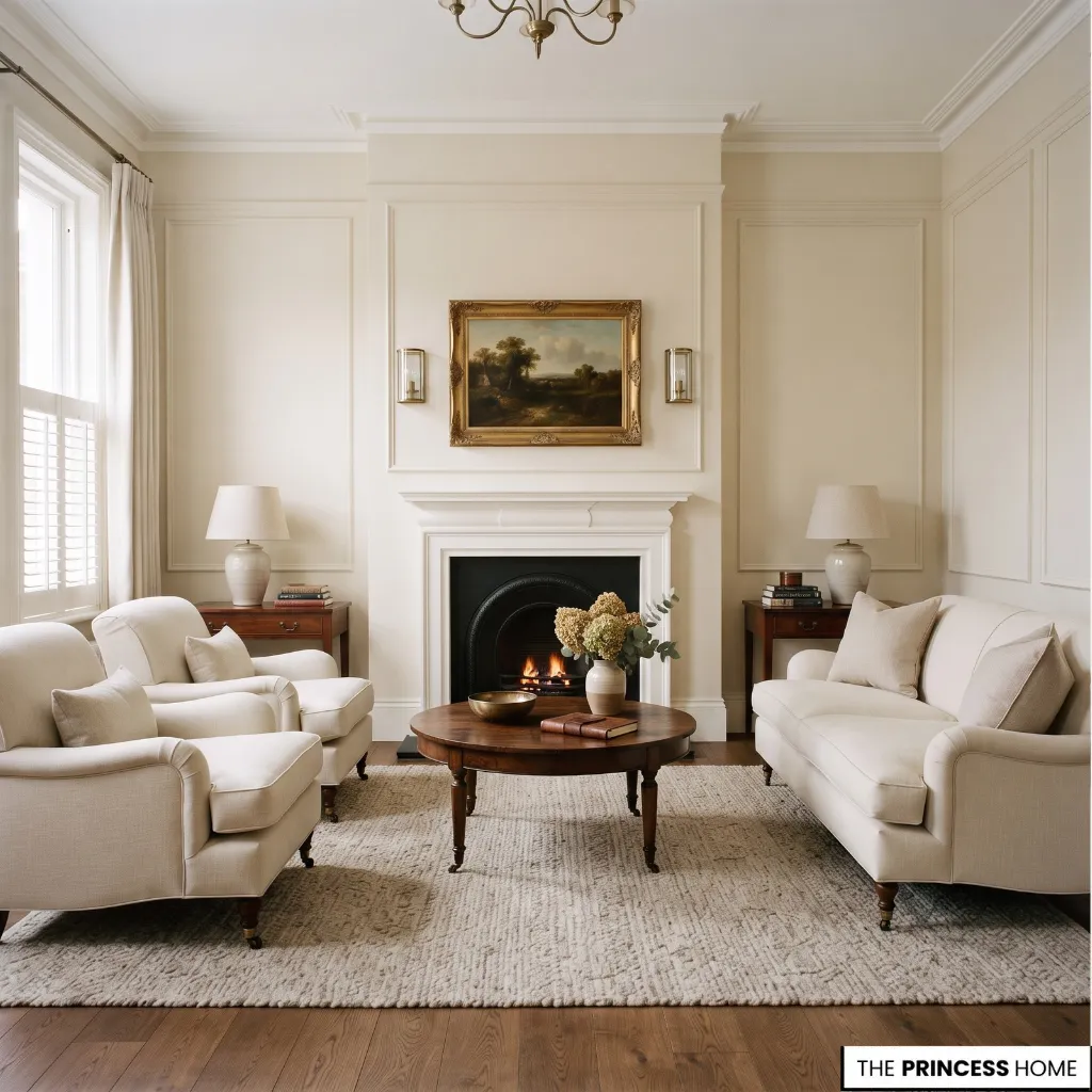Classic living room with a central fireplace, balanced seating, and architectural molding.