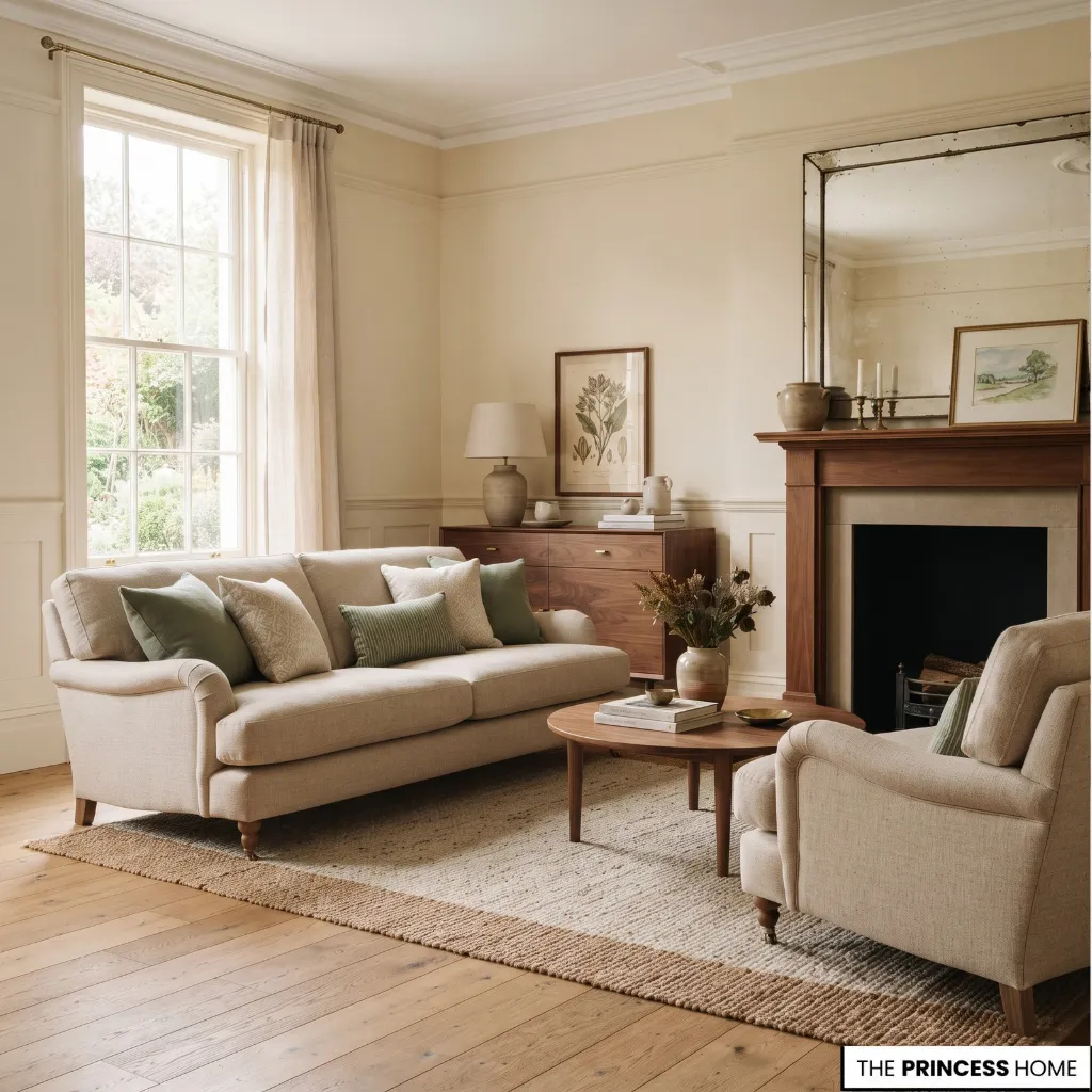 Classic living room with cream upholstery, warm wood, and muted green accents.