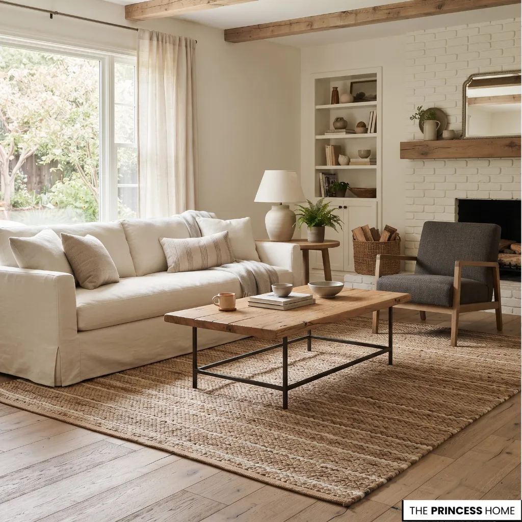 Farmhouse living room with a cream slipcovered sofa, solid wood coffee table, and natural fiber rug.