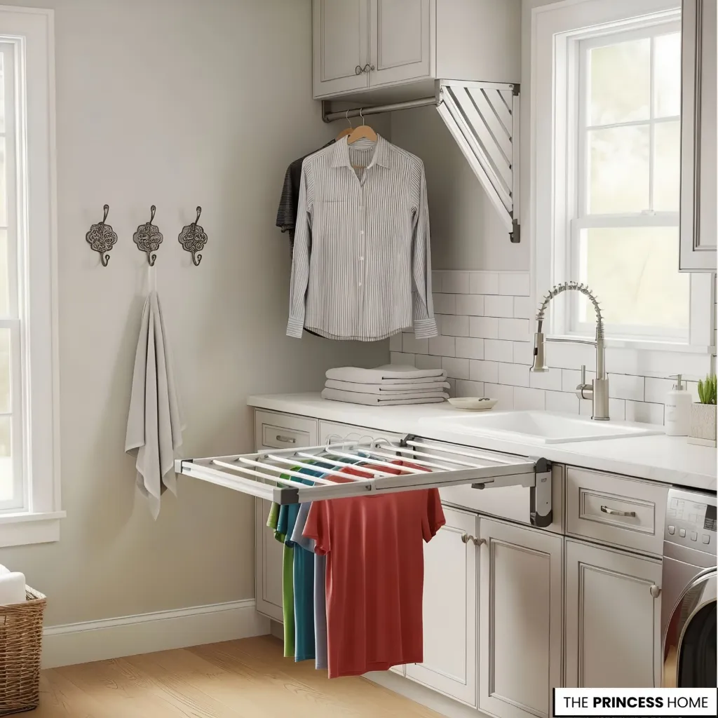 Laundry room with a compact wall-mounted hanging rail for air-drying clothes