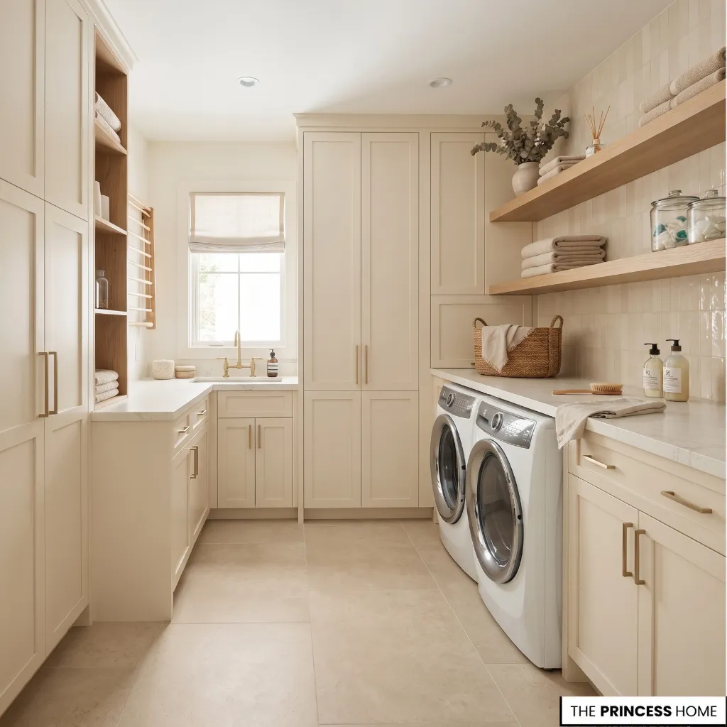 Laundry room using warm neutral cabinetry, countertop, flooring, and backsplash in a cohesive palette