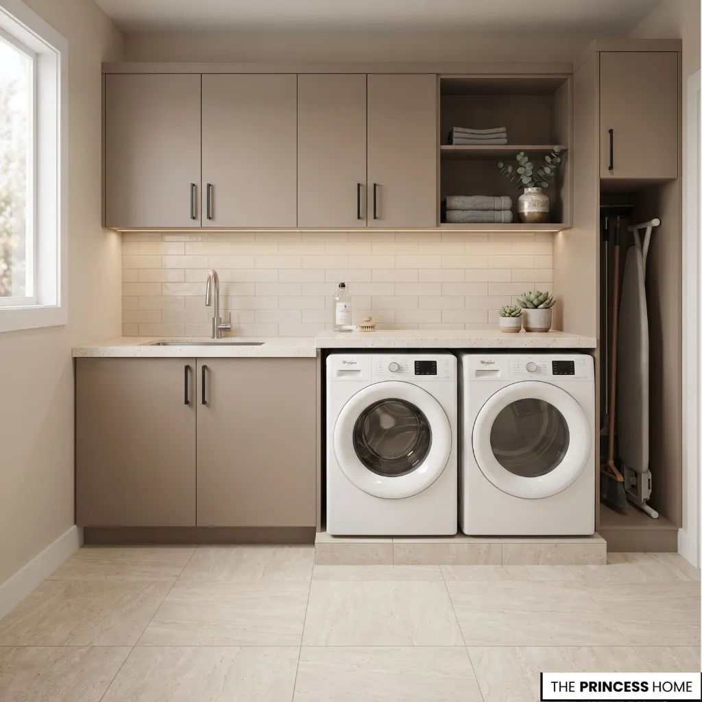 Laundry room combining durable flooring, easy-clean countertop, cabinetry, and moisture-tolerant backsplash