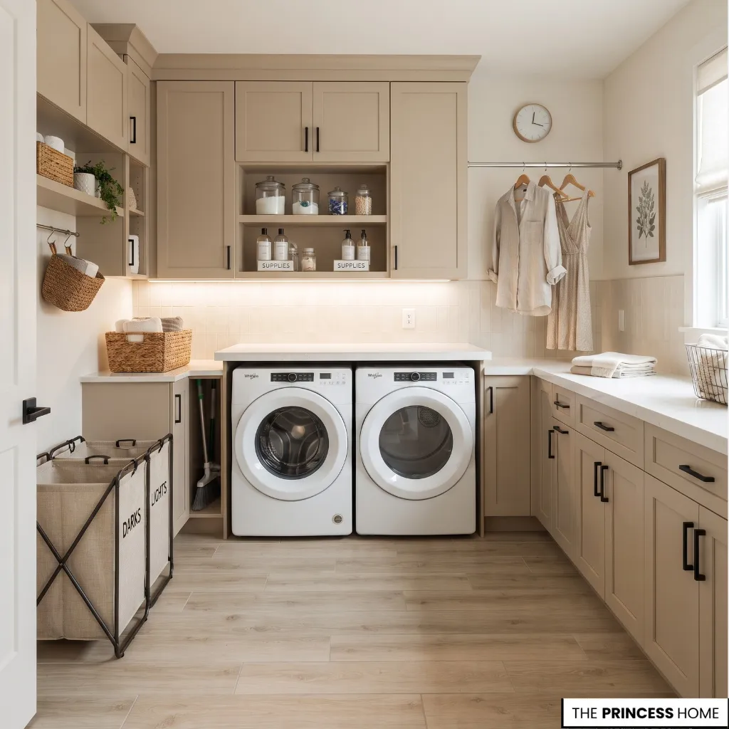 Laundry room arranged with washer, dryer, folding counter, hanging rail, and baskets in a practical sequence