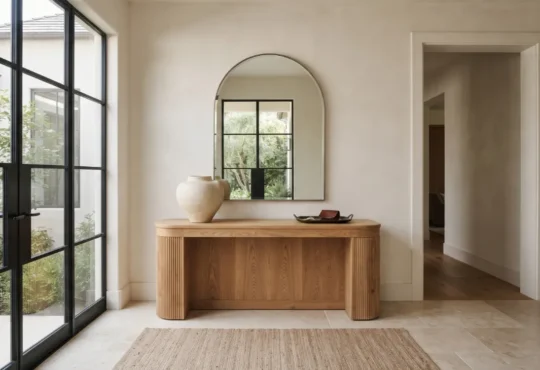 Contemporary entryway with a wood console, round mirror, simple ceramic accessories, and a clear walkway.