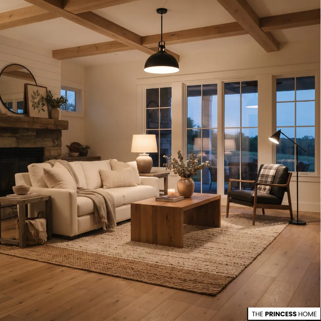 Farmhouse living room with black metal pendant lights, a warm table lamp, neutral seating, and natural wood beams.