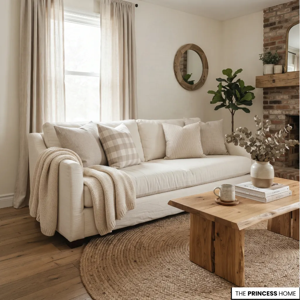 Farmhouse living room with a cream sofa, subtle plaid cushions, a soft knitted throw, and a natural fiber rug.