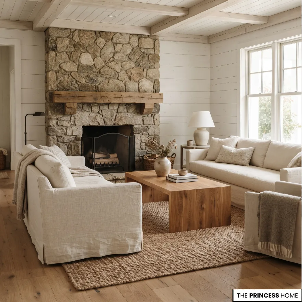 Farmhouse living room combining a linen sofa, oak coffee table, stone fireplace, and woven jute rug.
