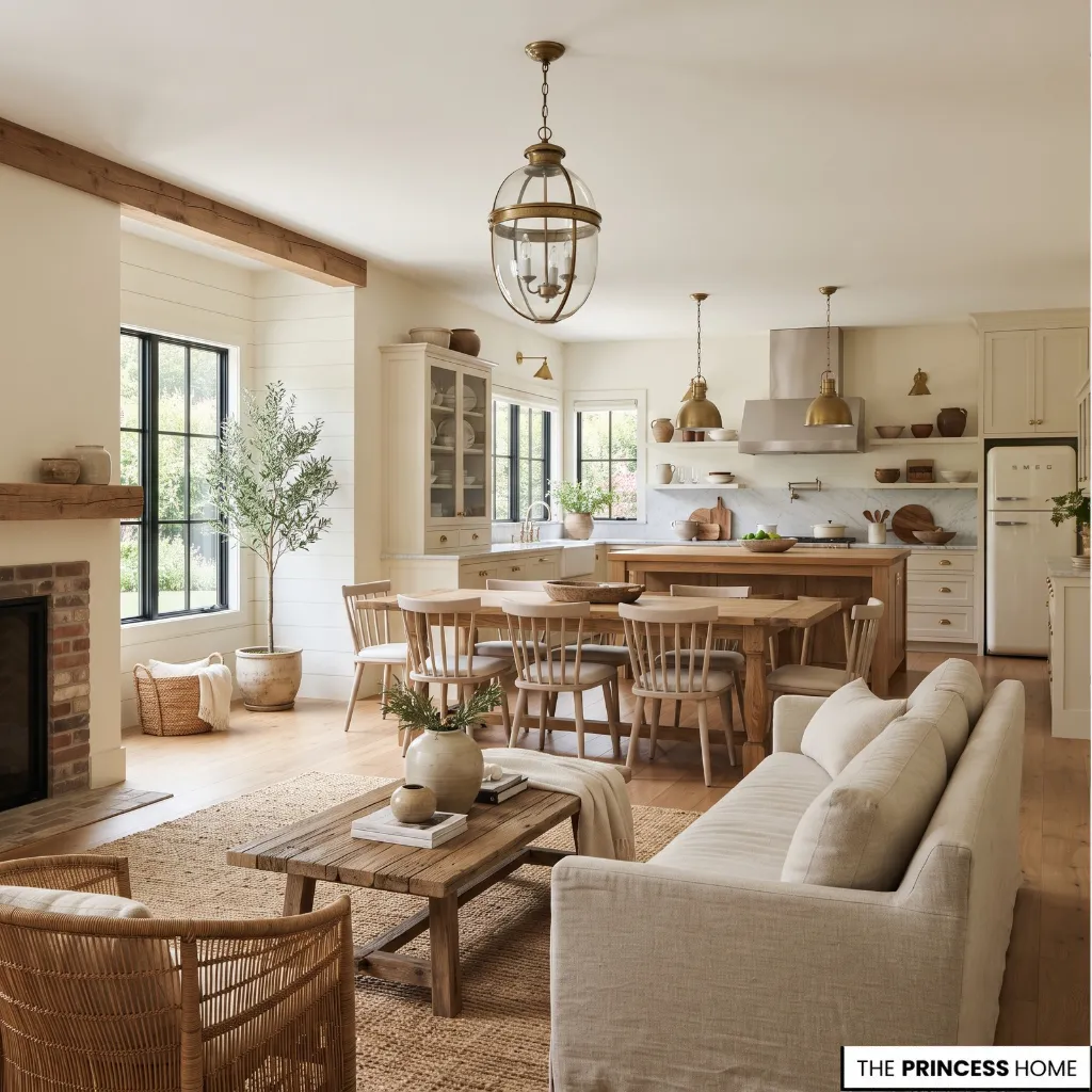 Open-plan farmhouse interior connecting a cream kitchen, wooden dining table, and comfortable neutral living area.
