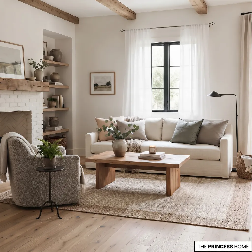 Farmhouse living room in warm white and beige with natural wood flooring and muted sage-green accents.