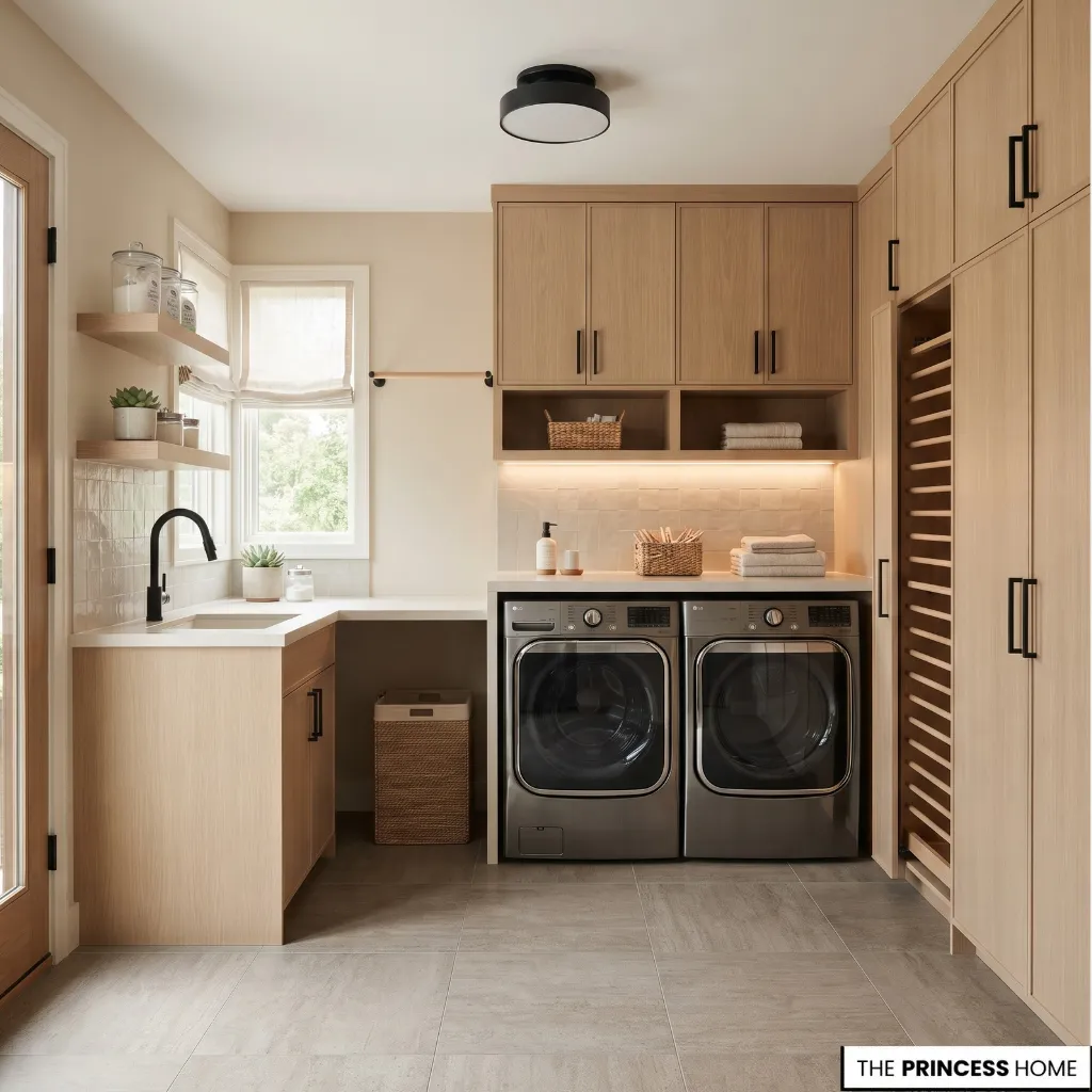 Completed laundry room with coordinated appliances, storage, folding surface, lighting, materials, and clear circulation