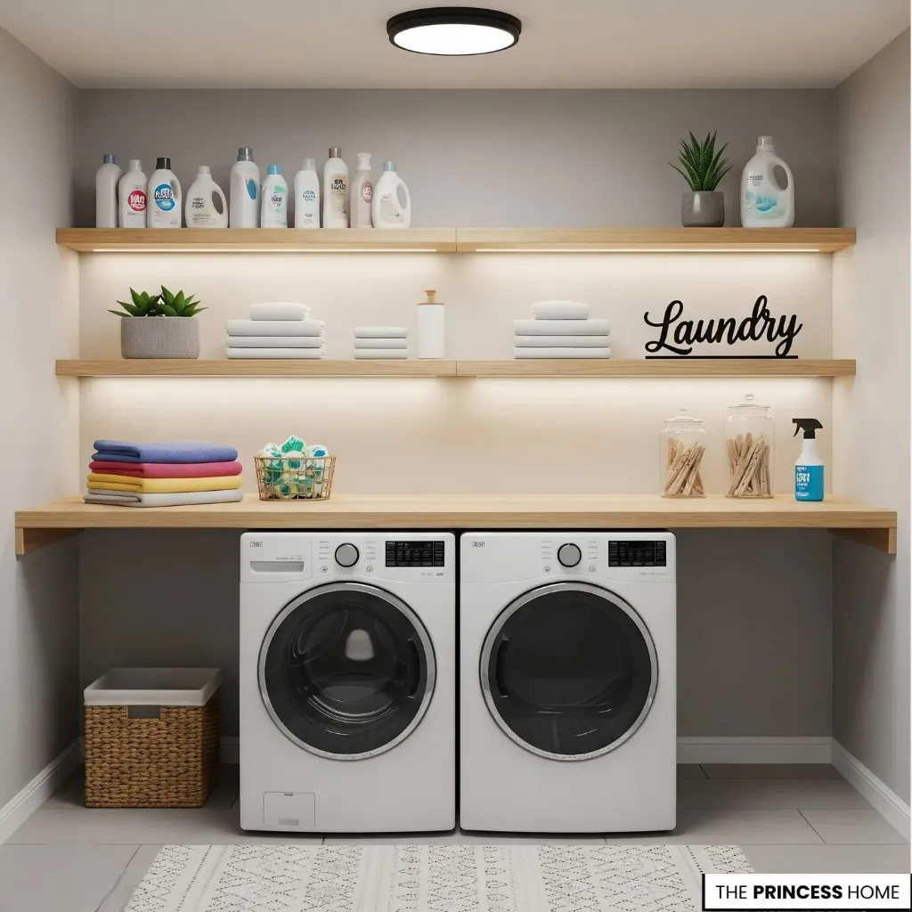 Side-by-side front-load washer and dryer beneath a continuous folding counter