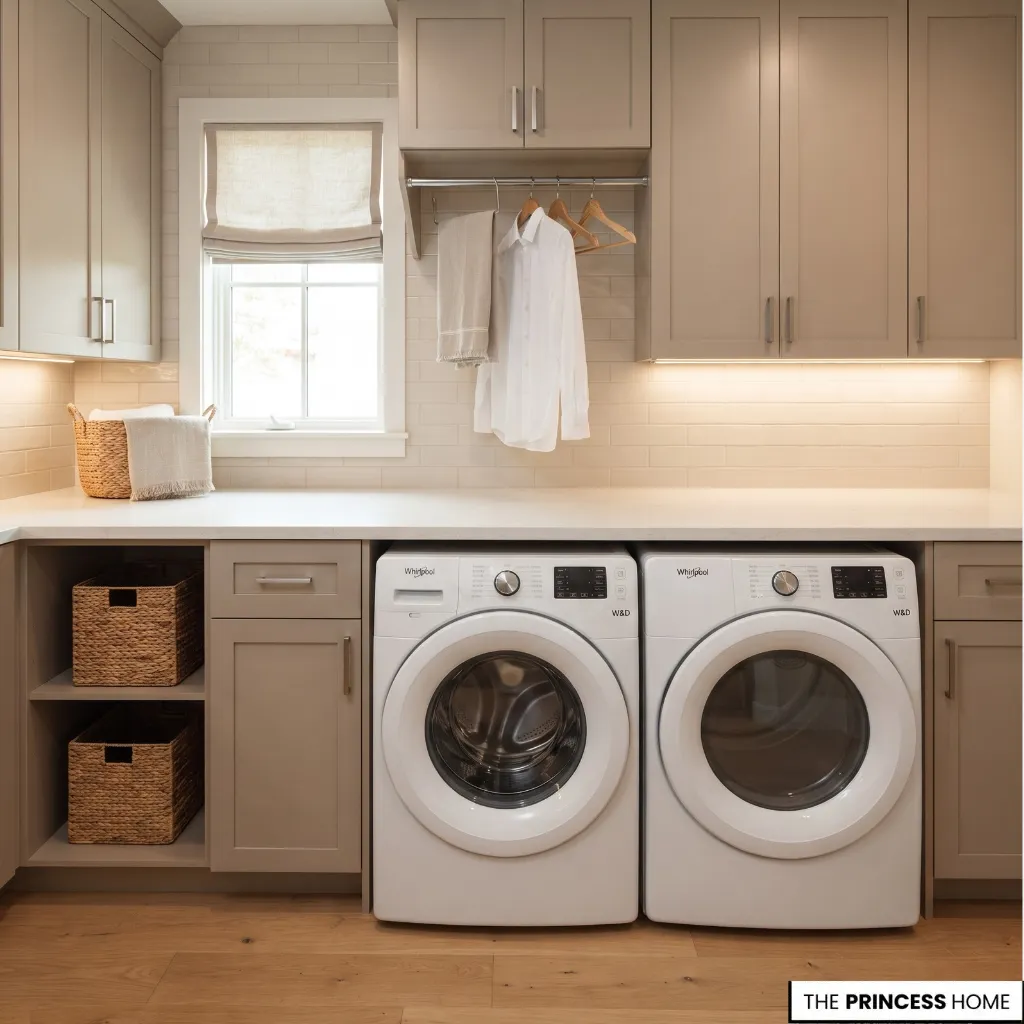Clear countertop above front-load laundry appliances used as a practical folding surface