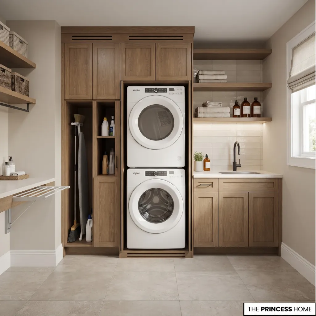 Laundry room with properly integrated dryer ventilation and moisture-conscious cabinetry