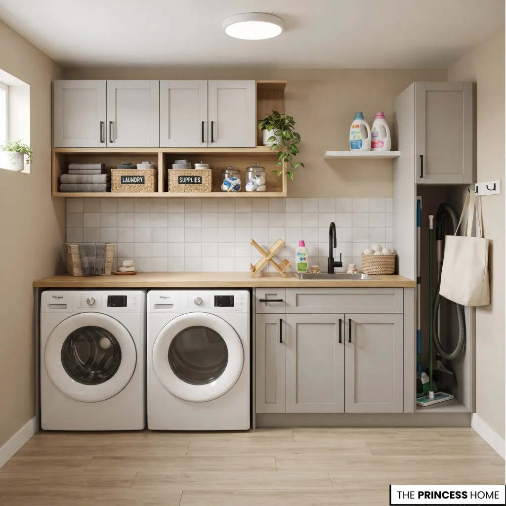 A modern, well-organized laundry room features light grey cabinets, a wood countertop,